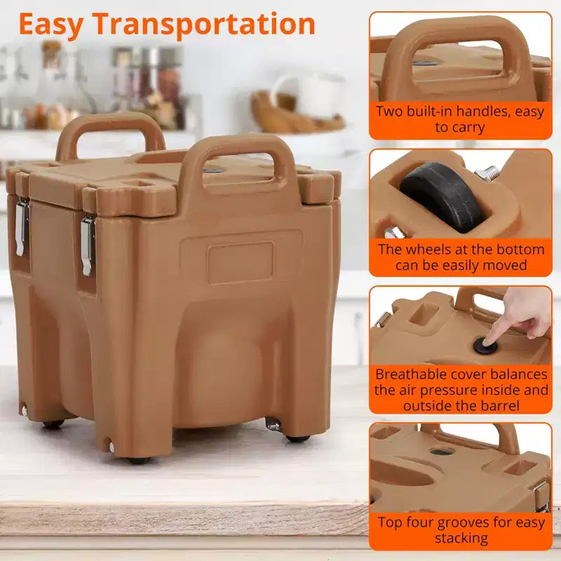 COZONY Transporteur de plats isolés avec cuillère, 20 L de capacité, chargement par le haut, avec roulettes et loquet latéral, en acier inoxydable pour la restauration