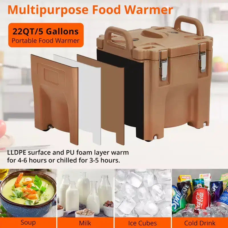 COZONY Transporteur de plats isolés avec cuillère, 20 L de capacité, chargement par le haut, avec roulettes et loquet latéral, en acier inoxydable pour la restauration