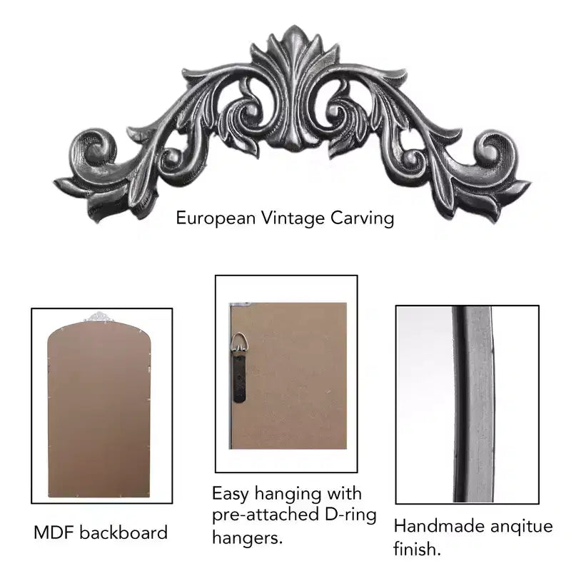 TUYOHW Miroir psyché moderne vintage pour chambre à coucher, dressing, grand miroir mural sur pied avec arche ornée, argenté