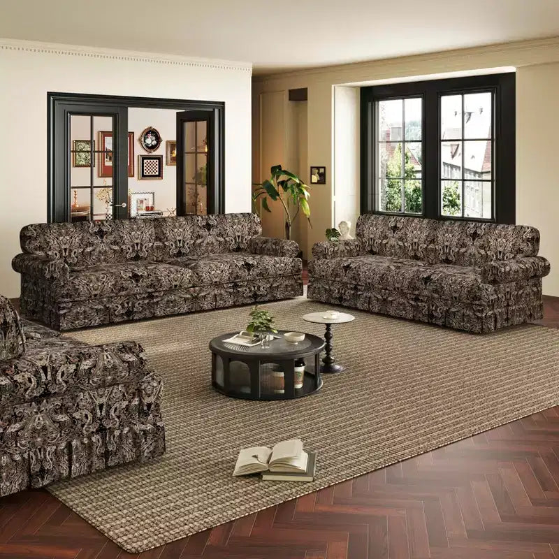MAYEERTY Canapé nuage 3 places de luxe, tissu Oxford avec accoudoirs roulés et jupe plissée, motif floral noir