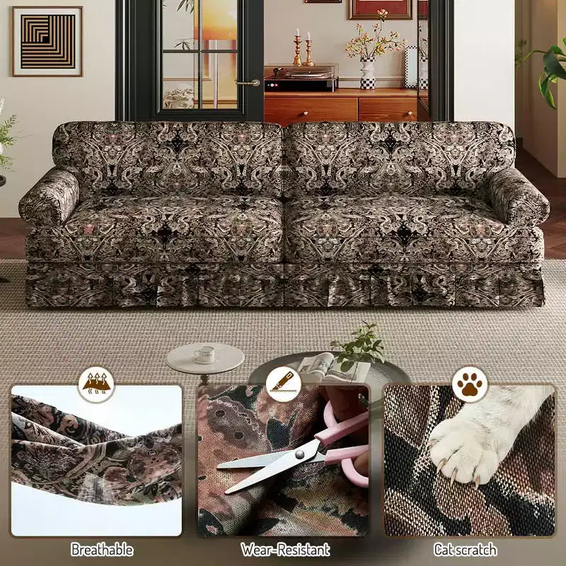 MAYEERTY Canapé nuage 3 places de luxe, tissu Oxford avec accoudoirs roulés et jupe plissée, motif floral noir