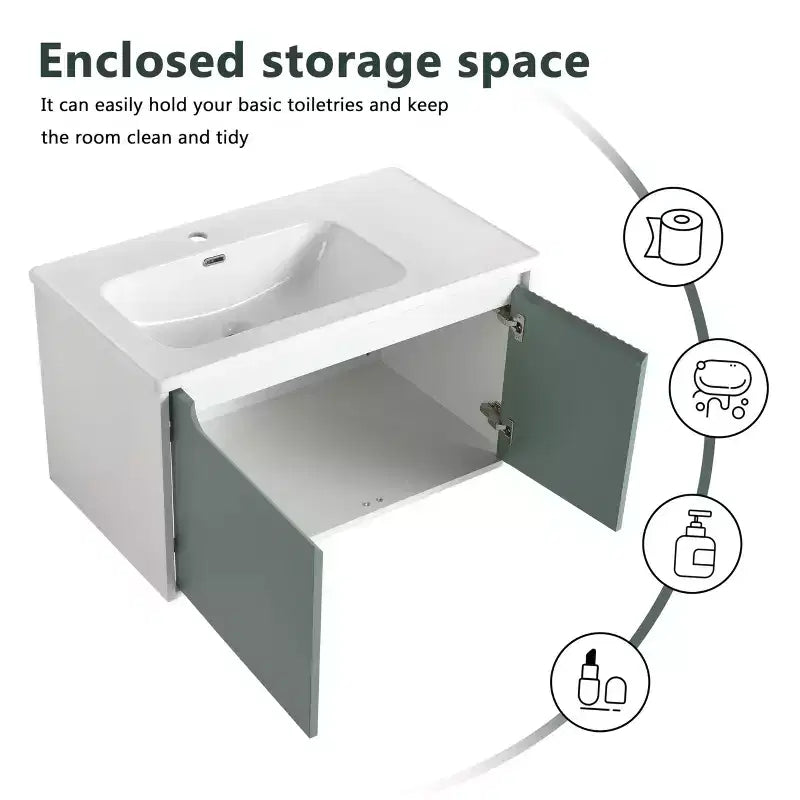 Meubles sous-vasques modernes muraux avec lavabo intégré, Meuble de salle de bain suspendu, Meuble de salle de bain vert menthe pour petit appartement