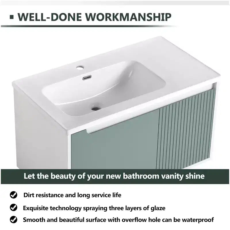 Meubles sous-vasques modernes muraux avec lavabo intégré, Meuble de salle de bain suspendu, Meuble de salle de bain vert menthe pour petit appartement
