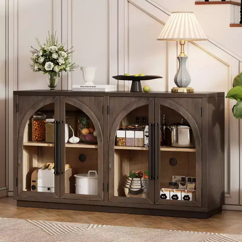 Buffet de rangement Clihome à 4 portes avec portes vitrées, Meuble de rangement arqué avec étagères réglables pour cuisine, salle à manger et salon