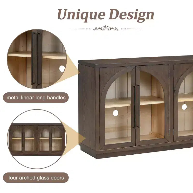 Buffet de rangement Clihome à 4 portes avec portes vitrées, Meuble de rangement arqué avec étagères réglables pour cuisine, salle à manger et salon