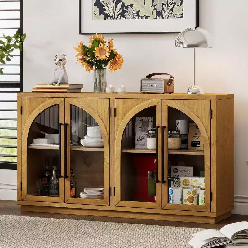 Buffet de rangement Clihome à 4 portes avec portes vitrées, Meuble de rangement arqué avec étagères réglables pour cuisine, salle à manger et salon