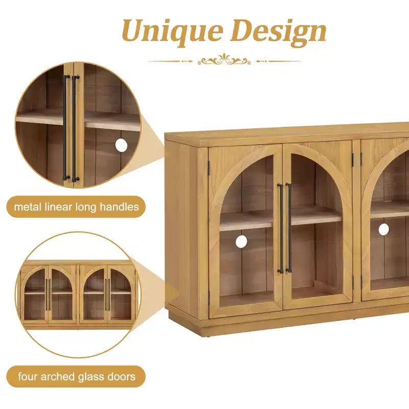 Buffet de rangement Clihome à 4 portes avec portes vitrées, Meuble de rangement arqué avec étagères réglables pour cuisine, salle à manger et salon
