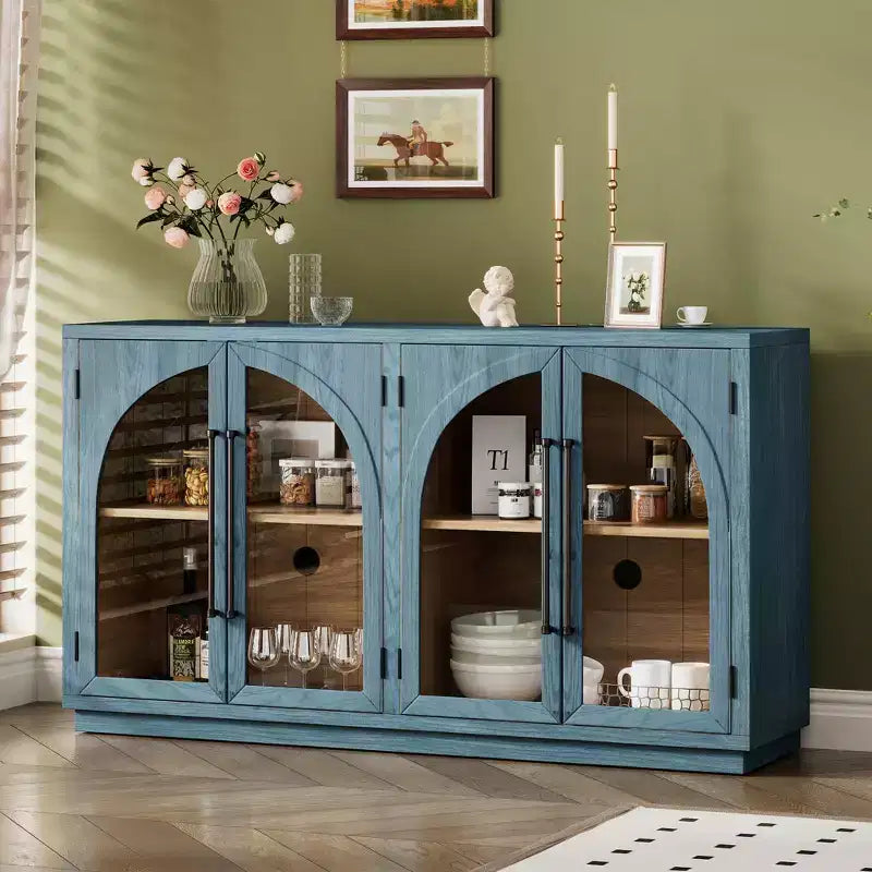 Buffet de rangement Clihome à 4 portes avec portes vitrées, Meuble de rangement arqué avec étagères réglables pour cuisine, salle à manger et salon