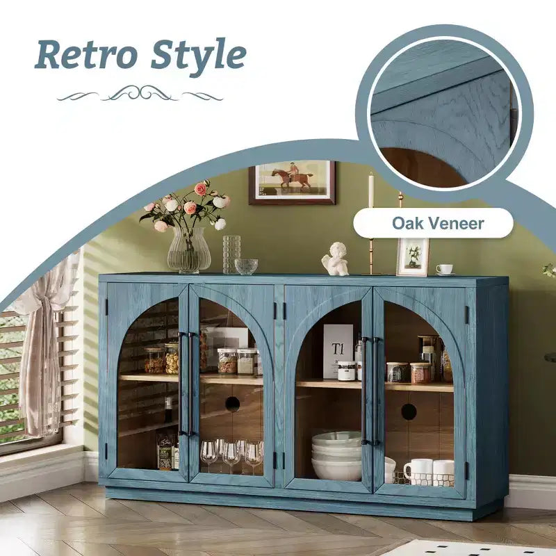 Buffet de rangement Clihome à 4 portes avec portes vitrées, Meuble de rangement arqué avec étagères réglables pour cuisine, salle à manger et salon