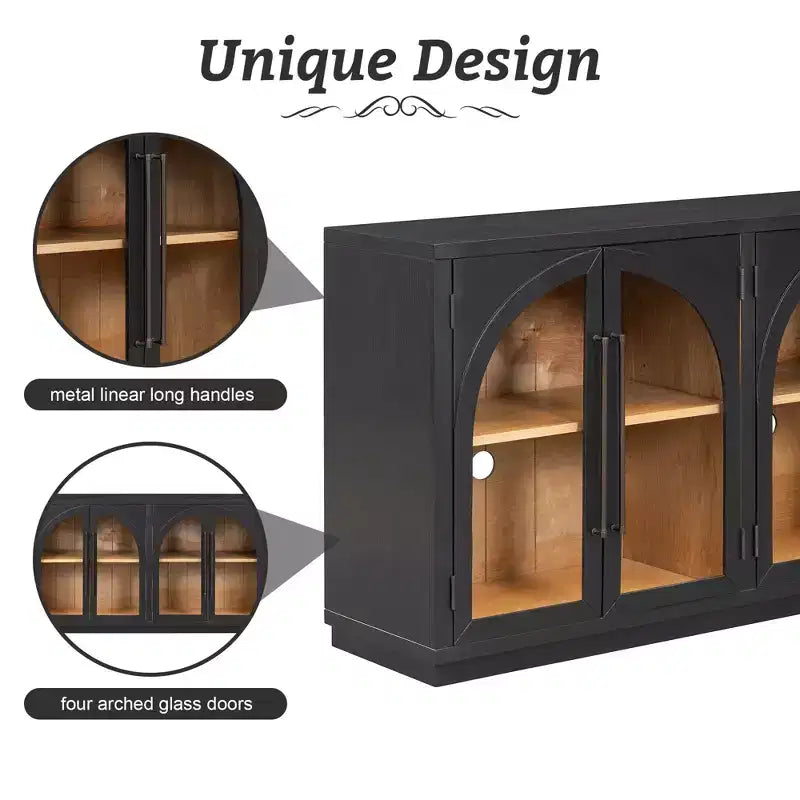 Buffet de rangement Clihome à 4 portes avec portes vitrées, Meuble de rangement arqué avec étagères réglables pour cuisine, salle à manger et salon