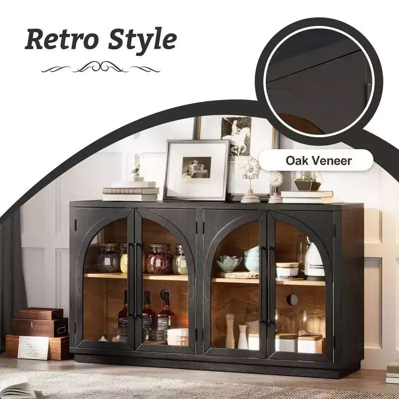 Buffet de rangement Clihome à 4 portes avec portes vitrées, Meuble de rangement arqué avec étagères réglables pour cuisine, salle à manger et salon