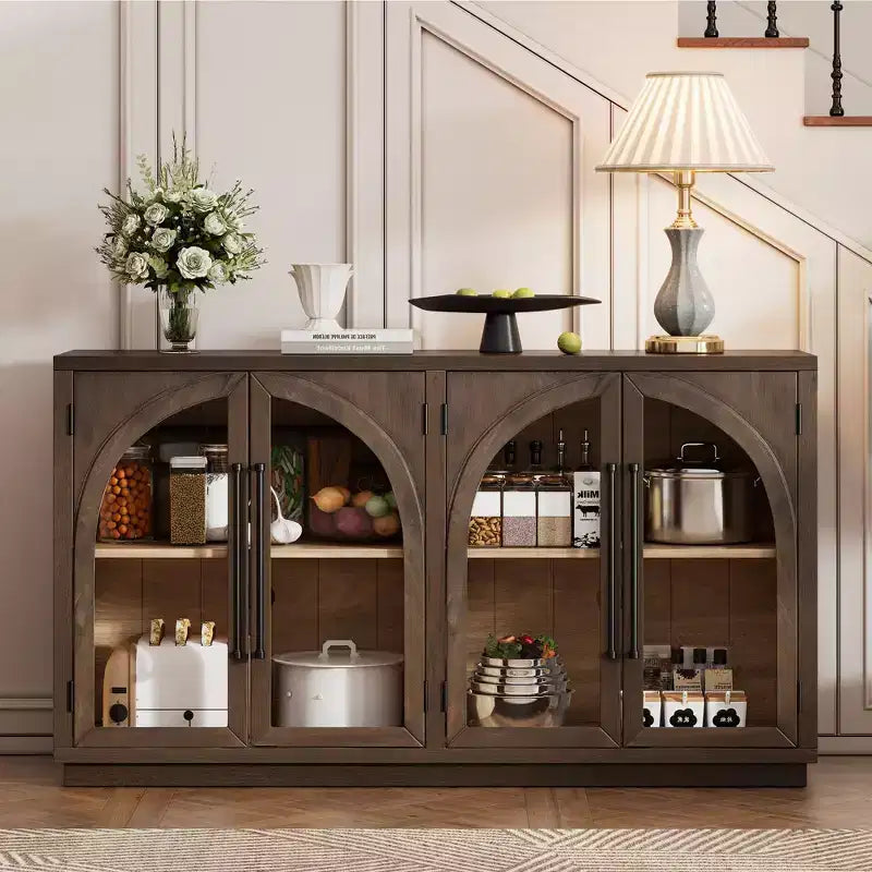 Buffet de rangement Clihome à 4 portes avec portes vitrées, Meuble de rangement arqué avec étagères réglables pour cuisine, salle à manger et salon