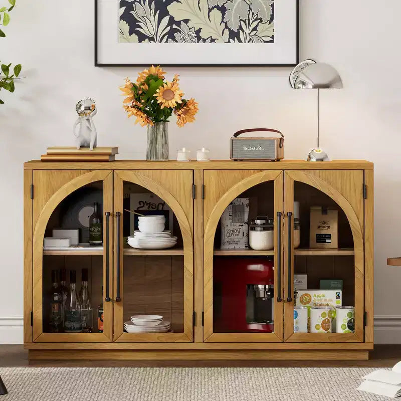 Buffet de rangement Clihome à 4 portes avec portes vitrées, Meuble de rangement arqué avec étagères réglables pour cuisine, salle à manger et salon