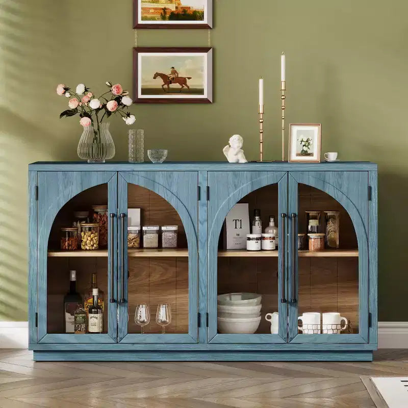 Buffet de rangement Clihome à 4 portes avec portes vitrées, Meuble de rangement arqué avec étagères réglables pour cuisine, salle à manger et salon