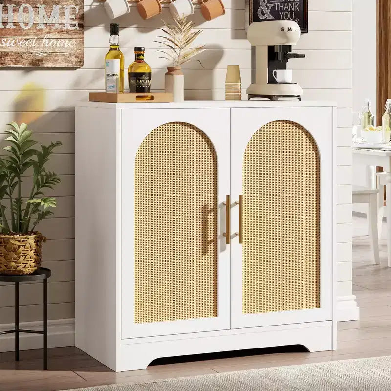 Buffet moderne avec 2 portes en rotin, meuble de rangement, console, meuble bar à café pour le salon, le couloir et l'entrée