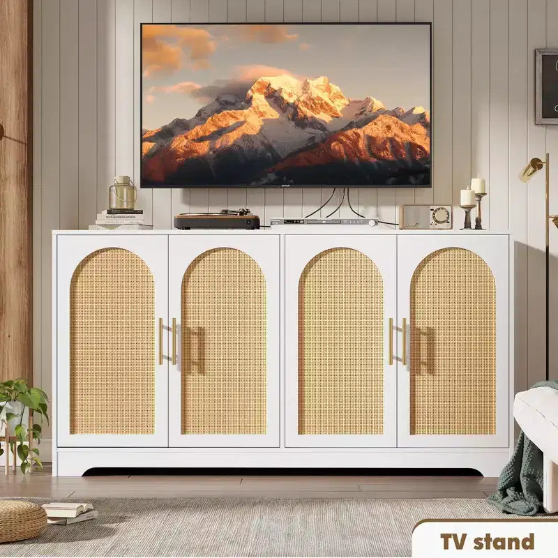 Buffet moderne avec 2 portes en rotin, meuble de rangement, console, meuble bar à café pour le salon, le couloir et l'entrée