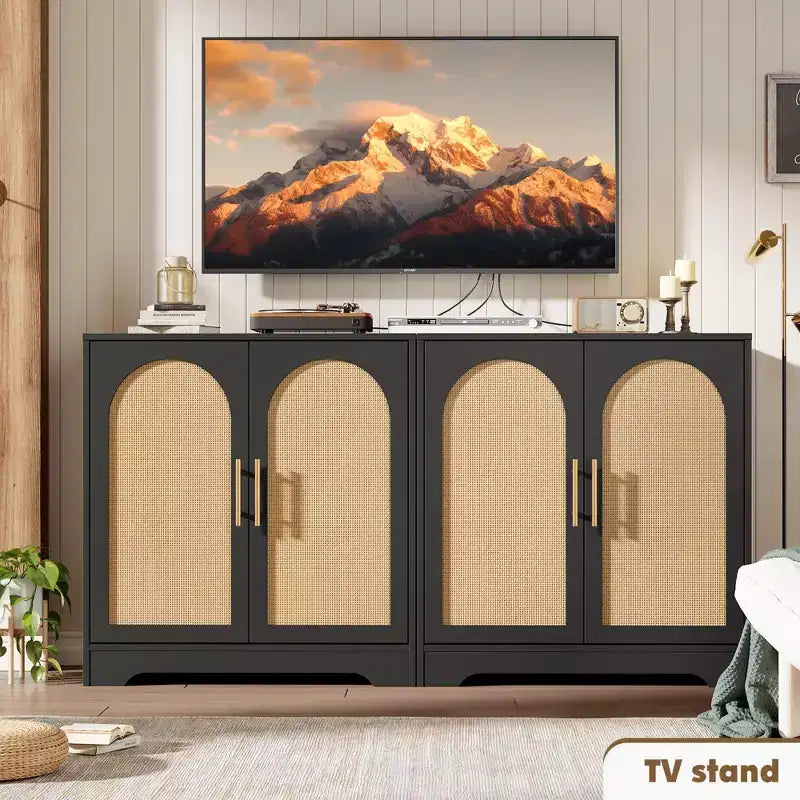 Buffet moderne avec 2 portes en rotin, meuble de rangement, console, meuble bar à café pour le salon, le couloir et l'entrée