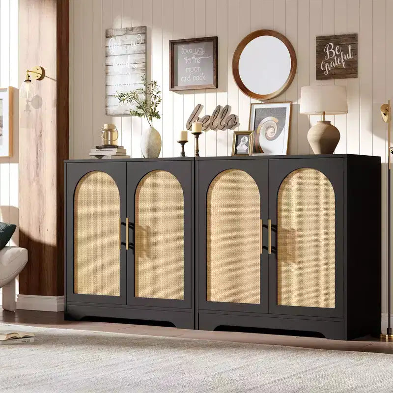 Buffet moderne avec 2 portes en rotin, meuble de rangement, console, meuble bar à café pour le salon, le couloir et l'entrée