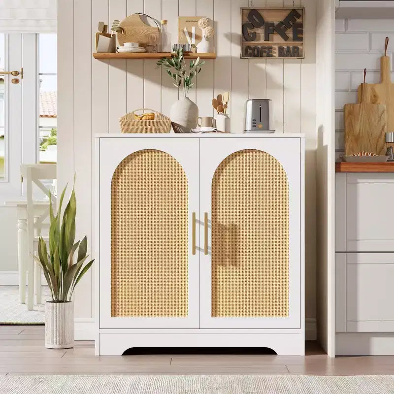 Buffet moderne avec 2 portes en rotin, meuble de rangement, console, meuble bar à café pour le salon, le couloir et l'entrée