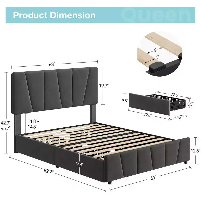 Cadre de lit double/grand lit COZONY avec tête de lit réglable et 4 tiroirs de rangement, lit plateforme capitonné en velours