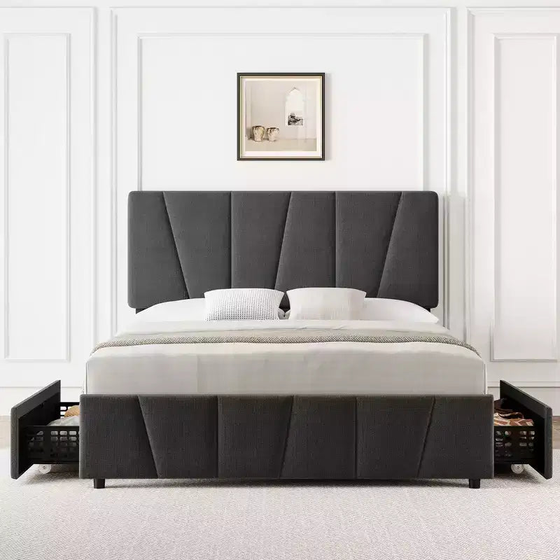 Cadre de lit double/grand lit COZONY avec tête de lit réglable et 4 tiroirs de rangement, lit plateforme capitonné en velours