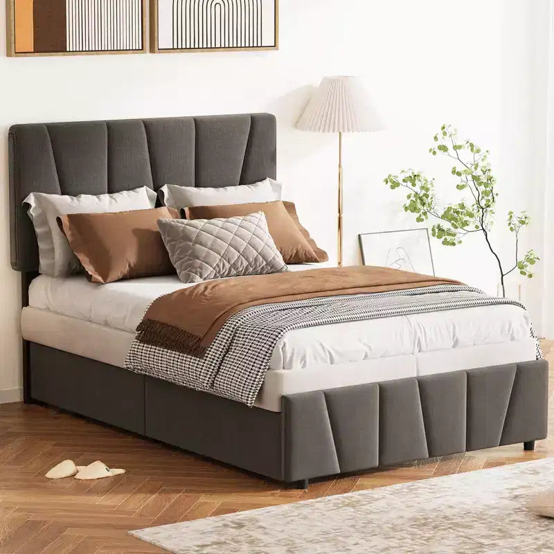 Cadre de lit double/grand lit COZONY avec tête de lit réglable et 4 tiroirs de rangement, lit plateforme capitonné en velours