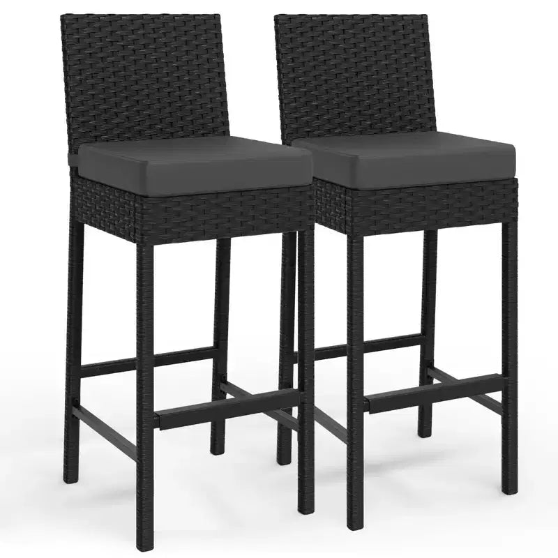 Lot de 2 tabourets de bar extérieurs en osier, chaises de bar sans accoudoirs en rotin avec coussins pour patio, bord de piscine ou jardin