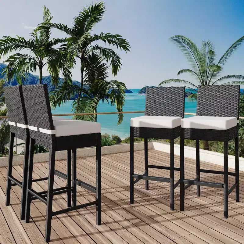 Lot de 2 tabourets de bar extérieurs en osier, chaises de bar sans accoudoirs en rotin avec coussins pour patio, bord de piscine ou jardin