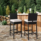 Lot de 2 tabourets de bar extérieurs en osier, chaises de bar sans accoudoirs en rotin avec coussins pour patio, bord de piscine ou jardin