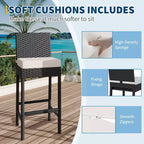 Lot de 2 tabourets de bar extérieurs en osier, chaises de bar sans accoudoirs en rotin avec coussins pour patio, bord de piscine ou jardin