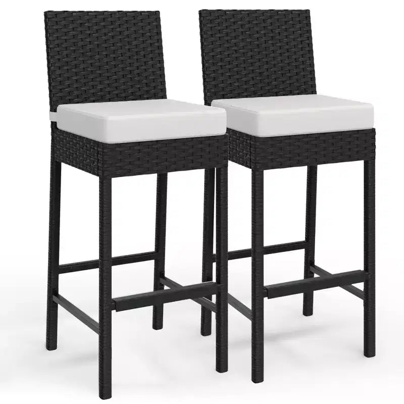 Set of 2 Outdoor Wicker Bar Stools  Armless Rattan Bar-Height Chairs with Cushions for Patio, Poolside or Backyard