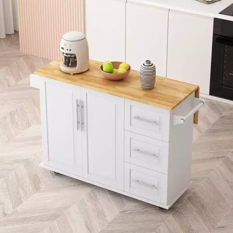 FAMYYT Îlot de cuisine en bois massif blanc avec dessus de 16,93 po, armoire à 2 portes, 3 tiroirs, étagère à épices et porte-serviettes