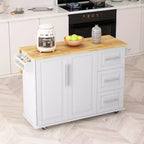 FAMYYT Îlot de cuisine en bois massif blanc avec dessus de 16,93 po, armoire à 2 portes, 3 tiroirs, étagère à épices et porte-serviettes