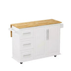 FAMYYT Îlot de cuisine en bois massif blanc avec dessus de 16,93 po, armoire à 2 portes, 3 tiroirs, étagère à épices et porte-serviettes