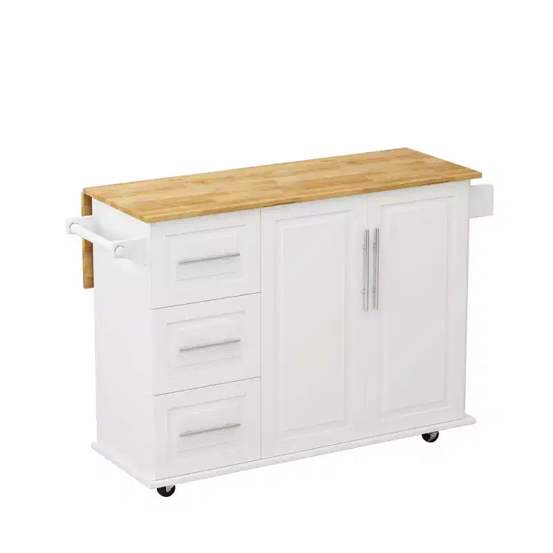 FAMYYT Îlot de cuisine en bois massif blanc avec dessus de 16,93 po, armoire à 2 portes, 3 tiroirs, étagère à épices et porte-serviettes