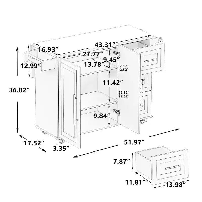 FAMYYT Îlot de cuisine en bois massif blanc avec dessus de 16,93 po, armoire à 2 portes, 3 tiroirs, étagère à épices et porte-serviettes