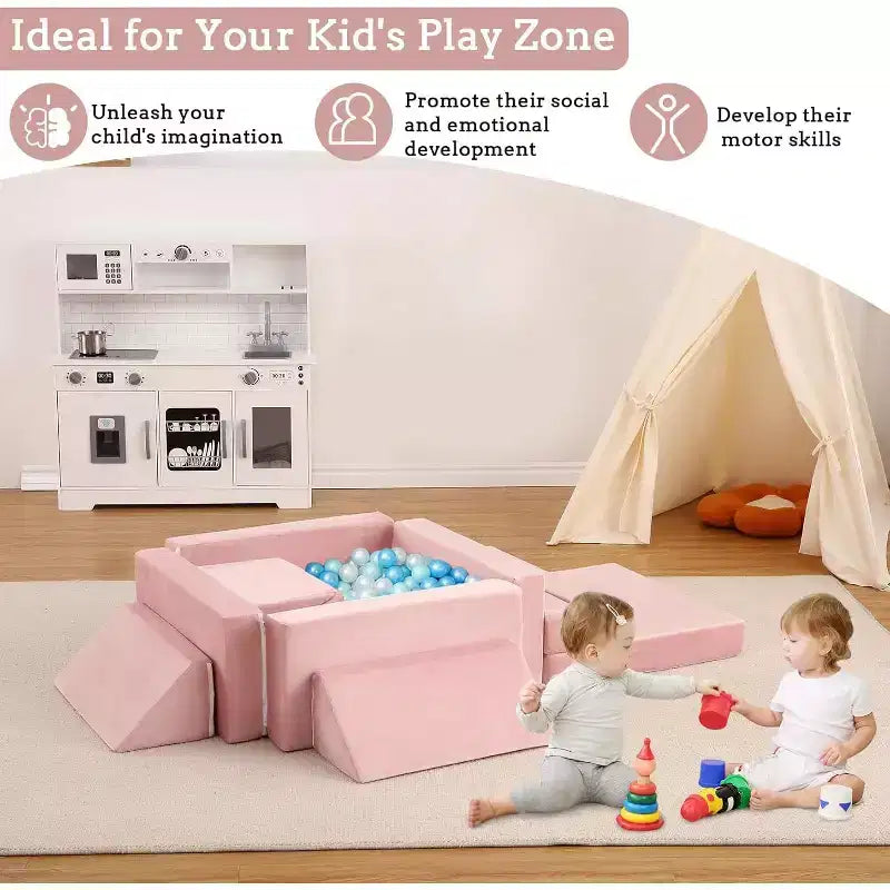 Canapé d'escalade d'intérieur, canapé de jeu modulaire 12 pièces avec piscine à balles carrée et pente d'escalade, ensemble de coussins de jeu
