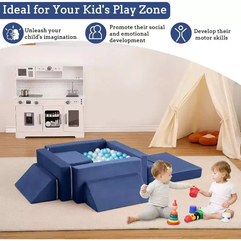 Canapé d'escalade d'intérieur, canapé de jeu modulaire 12 pièces avec piscine à balles carrée et pente d'escalade, ensemble de coussins de jeu