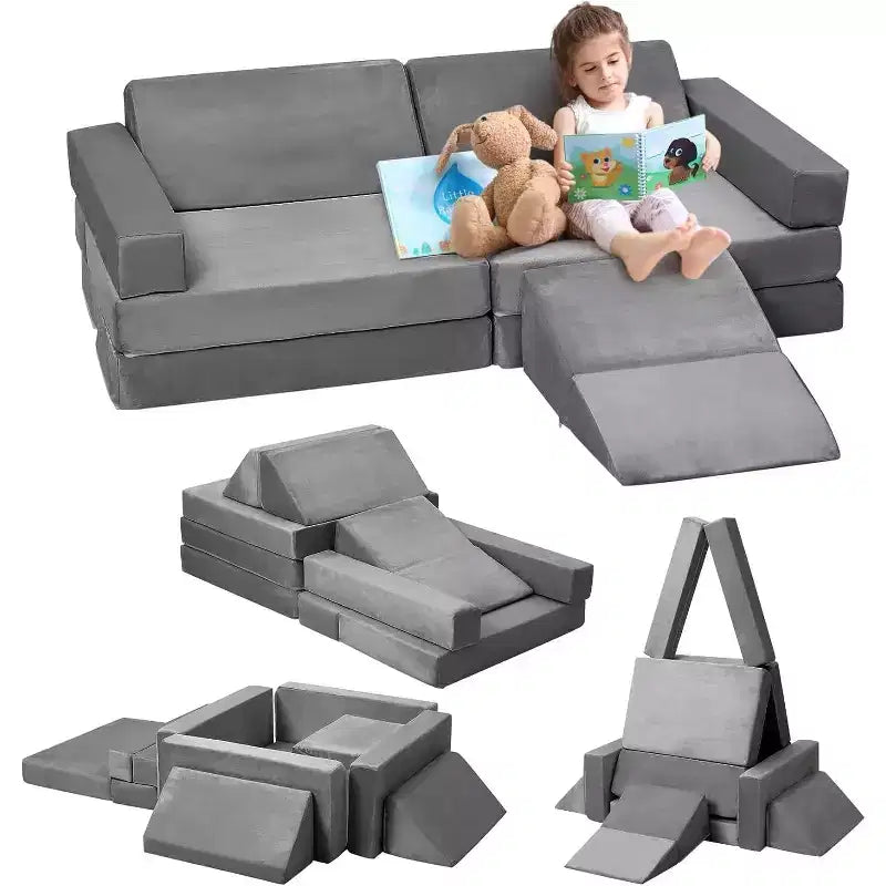 Canapé d'escalade d'intérieur, canapé de jeu modulaire 12 pièces avec piscine à balles carrée et pente d'escalade, ensemble de coussins de jeu
