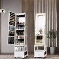 Acekool 360 Swivel Jewelry Armoire Cabinet with Mirror, Lighting & Storage, Matte White Organizer for Bedroom
