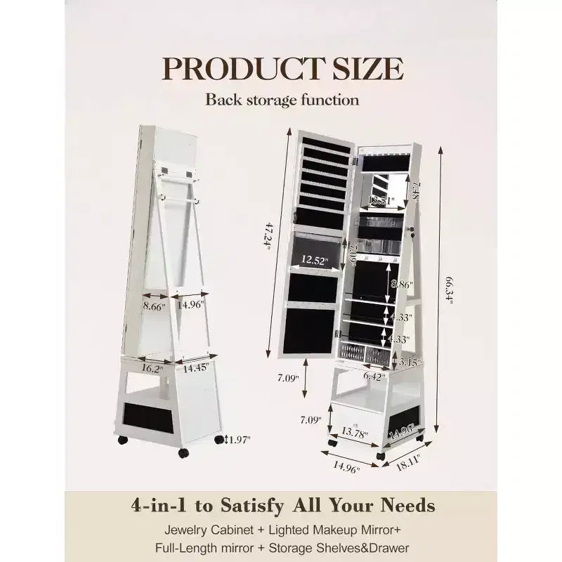 Acekool Armoire à Bijoux Pivotante à 360°, avec Miroir, Éclairage et Rangement, Organiseur Blanc Mat pour Chambre
