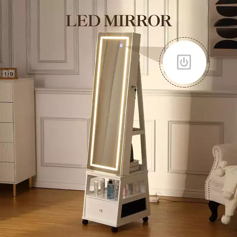 Acekool Armoire à Bijoux Pivotante à 360°, avec Miroir, Éclairage et Rangement, Organiseur Blanc Mat pour Chambre