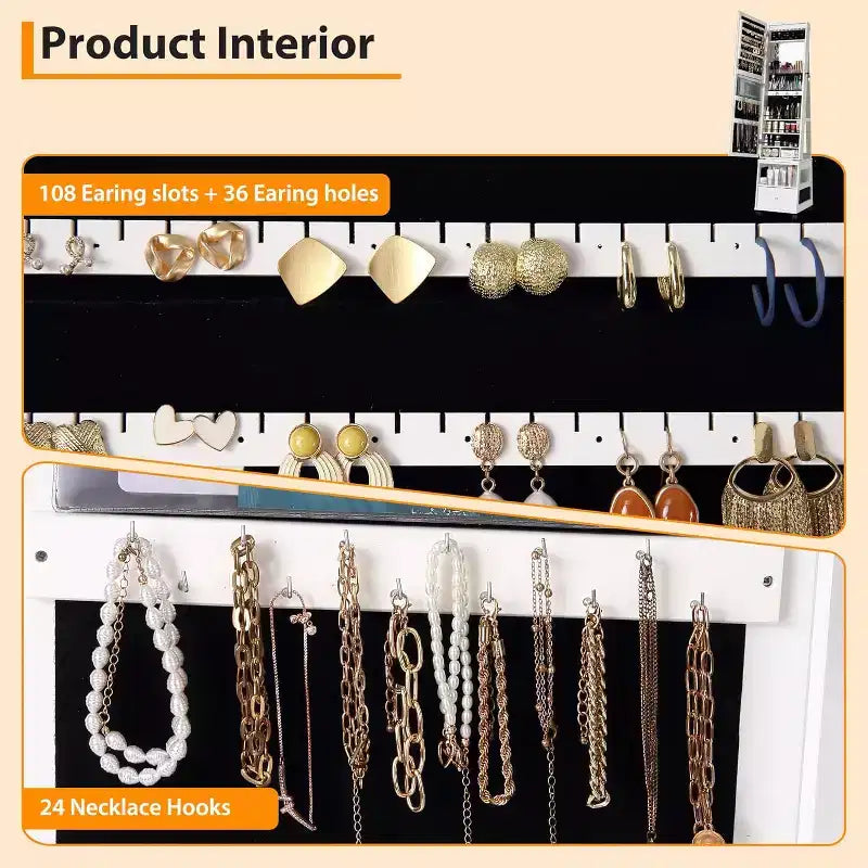 Acekool Armoire à Bijoux Pivotante à 360°, avec Miroir, Éclairage et Rangement, Organiseur Blanc Mat pour Chambre