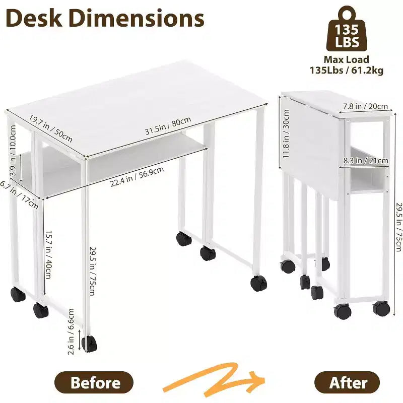 Petit bureau pliable avec étagère de rangement, table d'ordinateur pliable de 80 cm avec roulettes, bureau portable pour petit espace, table de canapé