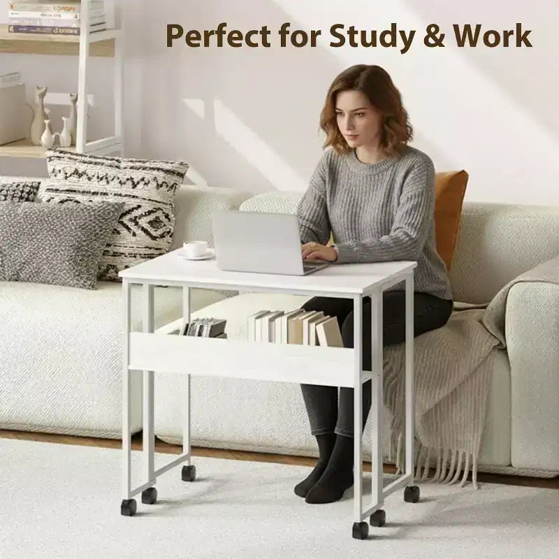 Petit bureau pliable avec étagère de rangement, table d'ordinateur pliable de 80 cm avec roulettes, bureau portable pour petit espace, table de canapé