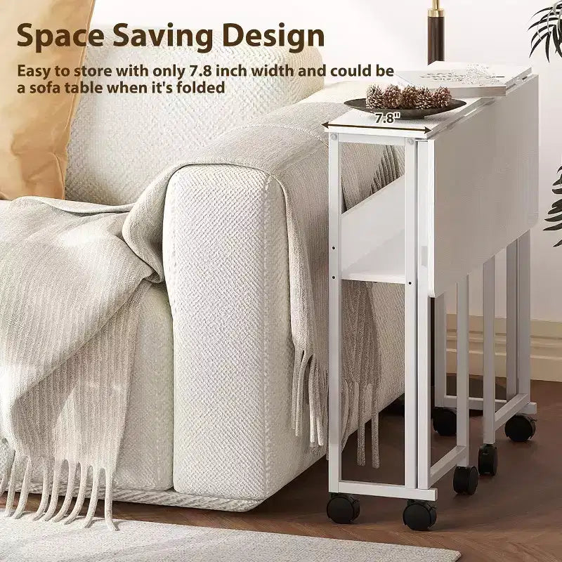 Petit bureau pliable avec étagère de rangement, table d'ordinateur pliable de 80 cm avec roulettes, bureau portable pour petit espace, table de canapé