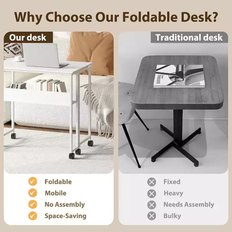 Petit bureau pliable avec étagère de rangement, table d'ordinateur pliable de 80 cm avec roulettes, bureau portable pour petit espace, table de canapé