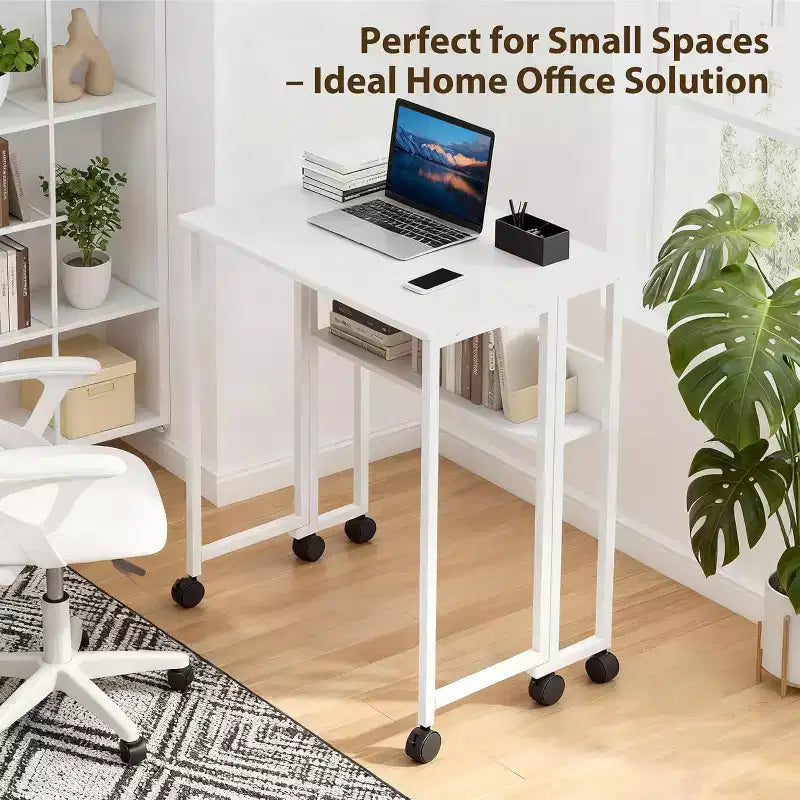 Petit bureau pliable avec étagère de rangement, table d'ordinateur pliable de 80 cm avec roulettes, bureau portable pour petit espace, table de canapé