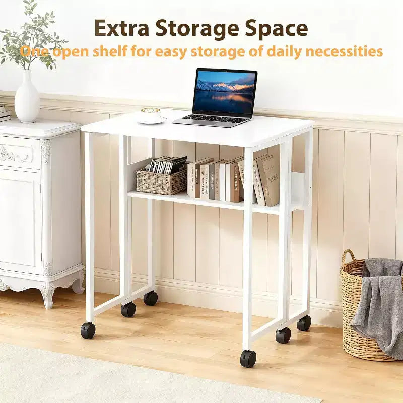 Petit bureau pliable avec étagère de rangement, table d'ordinateur pliable de 80 cm avec roulettes, bureau portable pour petit espace, table de canapé