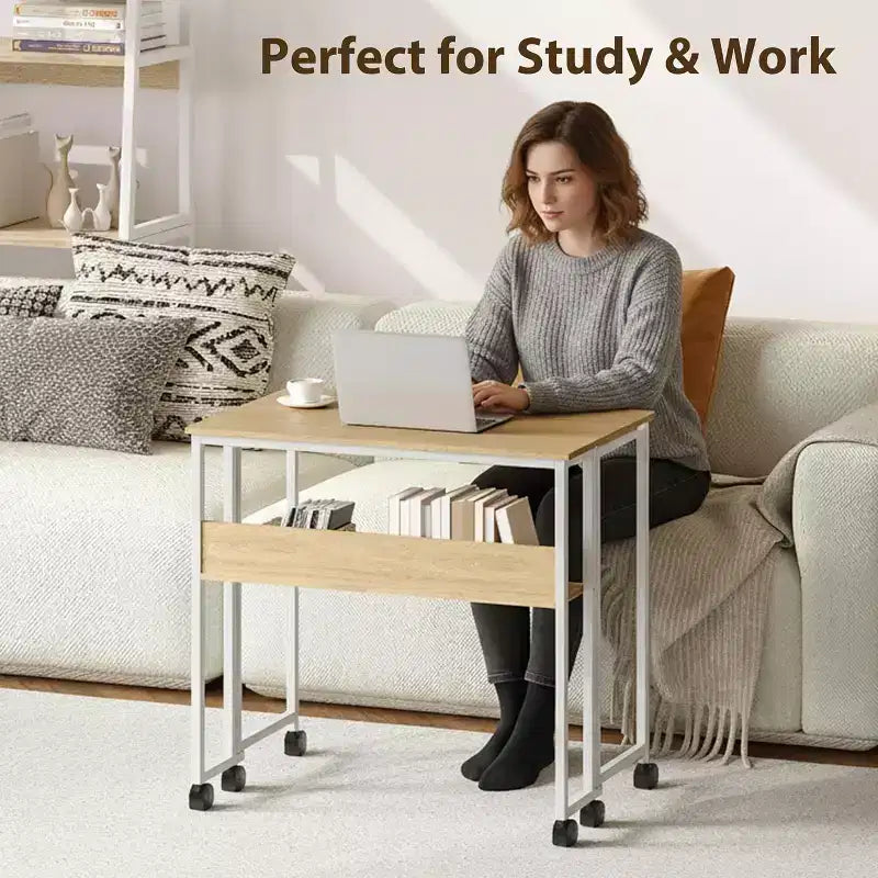 Petit bureau pliable avec étagère de rangement, table d'ordinateur pliable de 80 cm avec roulettes, bureau portable pour petit espace, table de canapé
